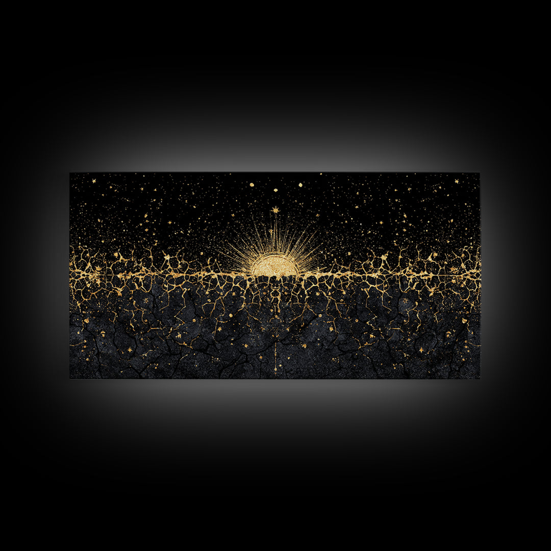 Golden Sunrise Over Ancestral Horizon Wall Art, Black And Gold Art, African Inspired, Spiritual Wall Art, Elegant Home Decor