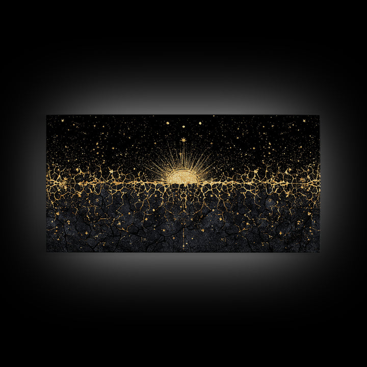 Golden Sunrise Over Ancestral Horizon Wall Art, Black And Gold Art, African Inspired, Spiritual Wall Art, Elegant Home Decor