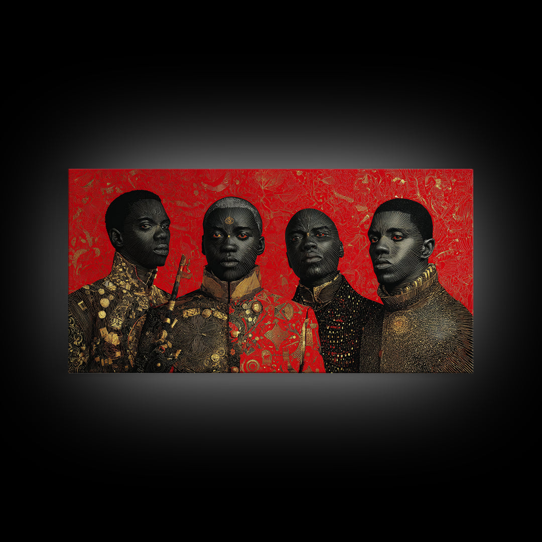 Four Regal African Warrior Portraits Canvas Print, Black Art, African Warrior Art, Tribal Art Decor, Bold Wall Decor Gift