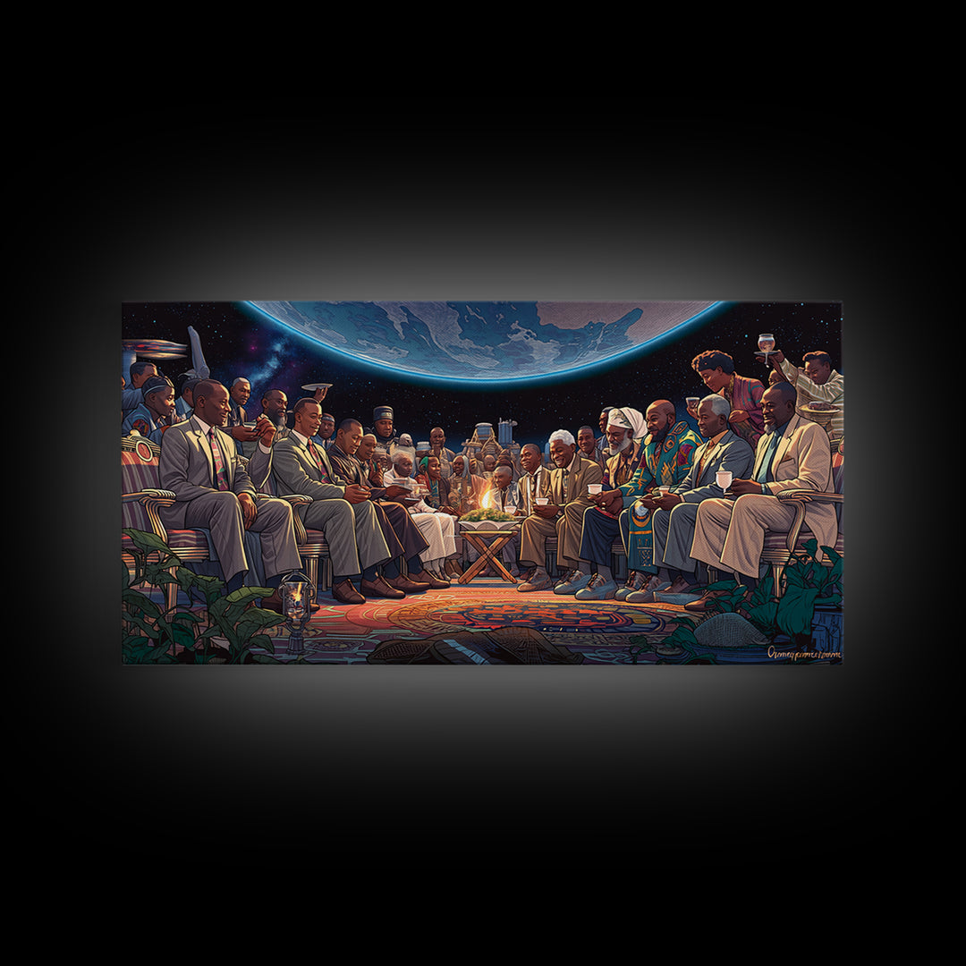 Moonlit Global Council By Fire Wall Art, African American Art, Afrocentric Decor, Black Culture Art, Unique Canvas Print Gift