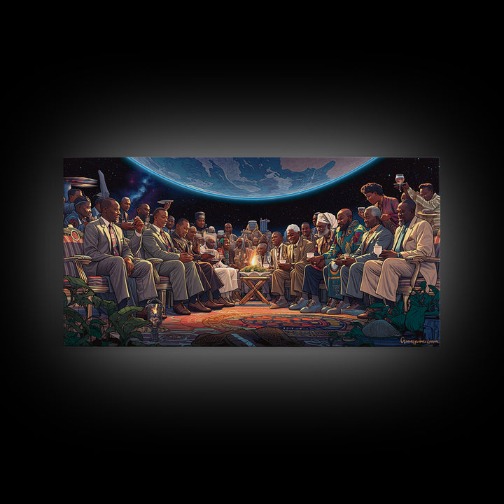 Moonlit Global Council By Fire Wall Art, African American Art, Afrocentric Decor, Black Culture Art, Unique Canvas Print Gift