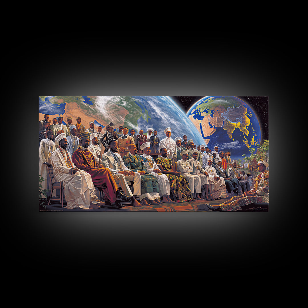 Pan African Assembly Beneath Planets Framed Canvas Print, African Wall Art, Black History Art, Afrocentric Cultural Home Decor