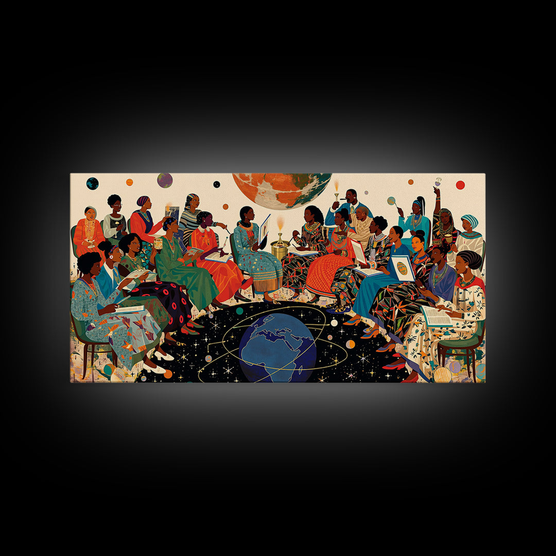 Cosmic African Women Circle With Planets Canvas Print, Black Women Art, Afrocentric Wall Art, Vibrant Cultural Home Decor