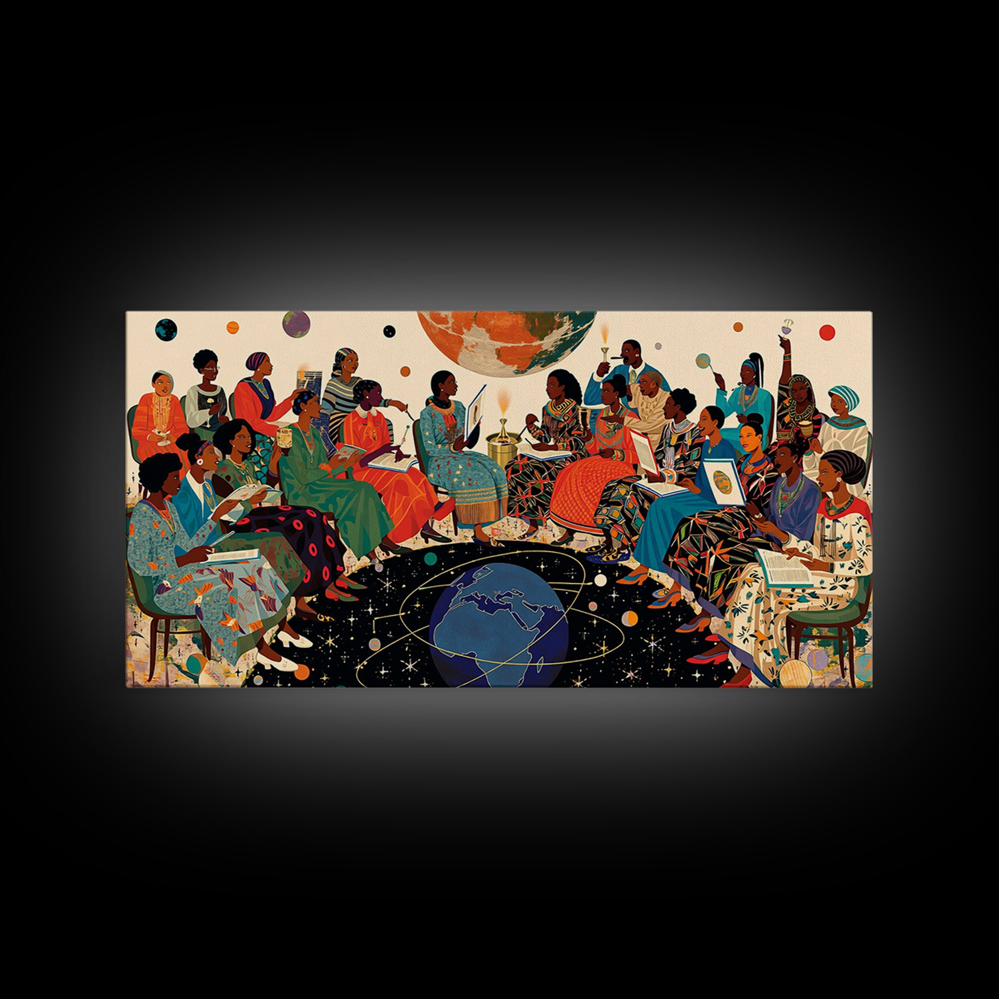 Cosmic African Women Circle With Planets Canvas Print, Black Women Art, Afrocentric Wall Art, Vibrant Cultural Home Decor