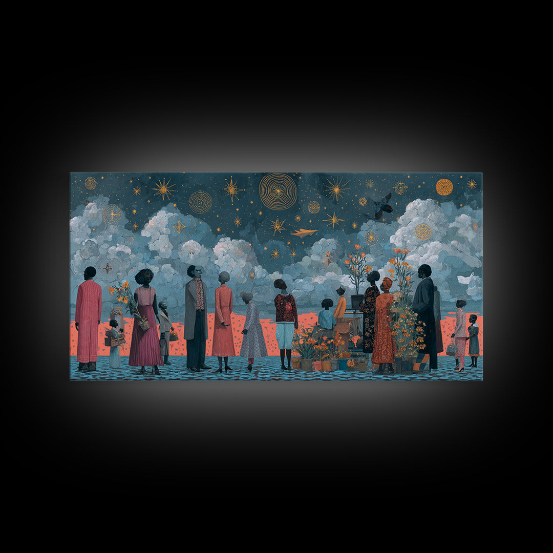 Starry Ancestral Gathering Beneath Clouded Sky Framed Canvas Print, African Wall Art, Spiritual Black Culture Decor Gift