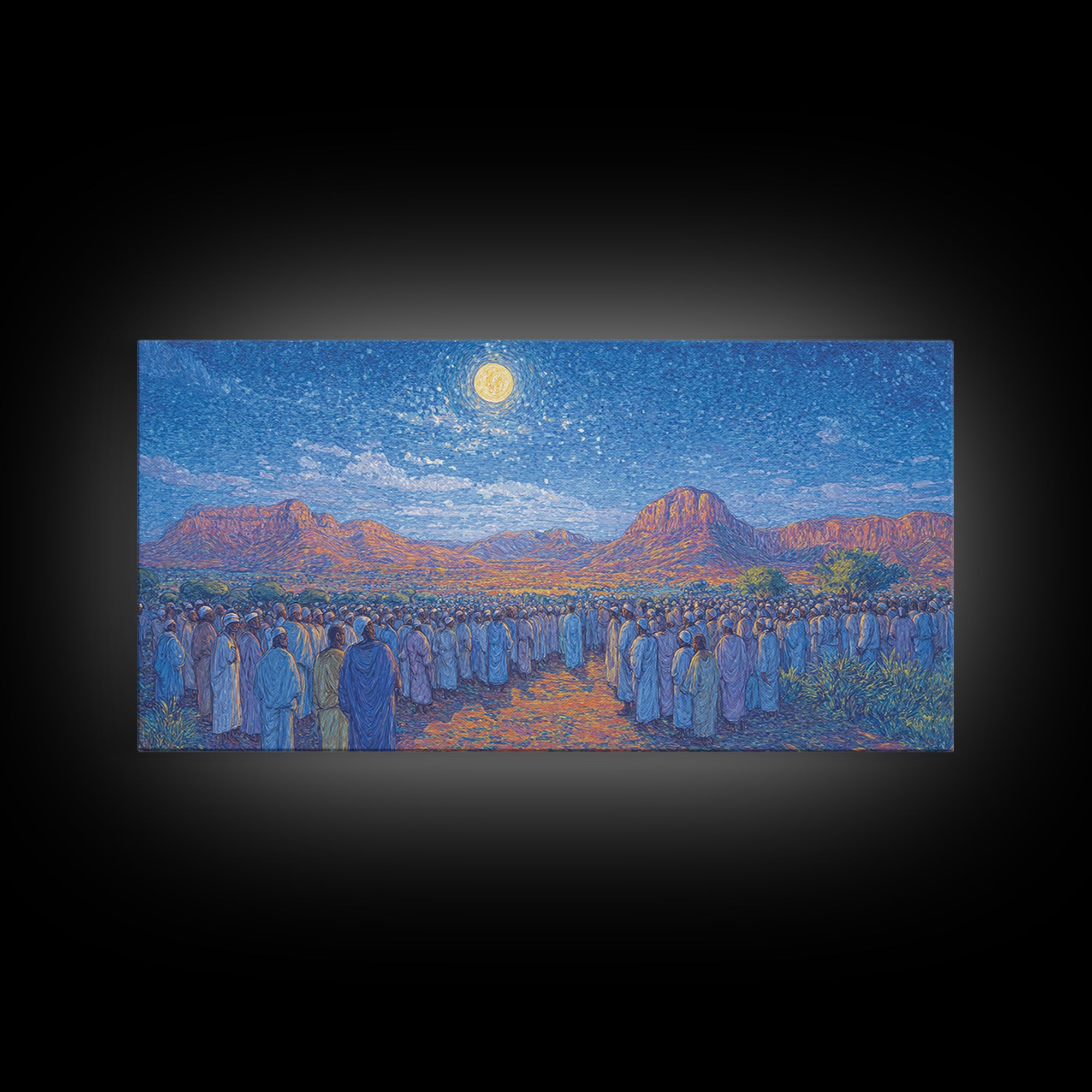 Moonlit African Desert Pilgrimage With Mountain Canvas Print, African Landscape, South African Art, Serene Living Room Decor