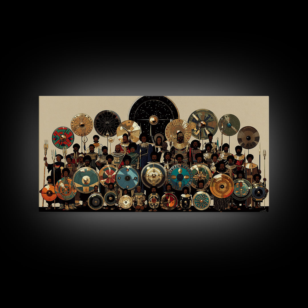 Regal African Shield Bearers With Tribal Parasols Framed Canvas Print, African Warrior Art, Black Culture Wall Decor Gift