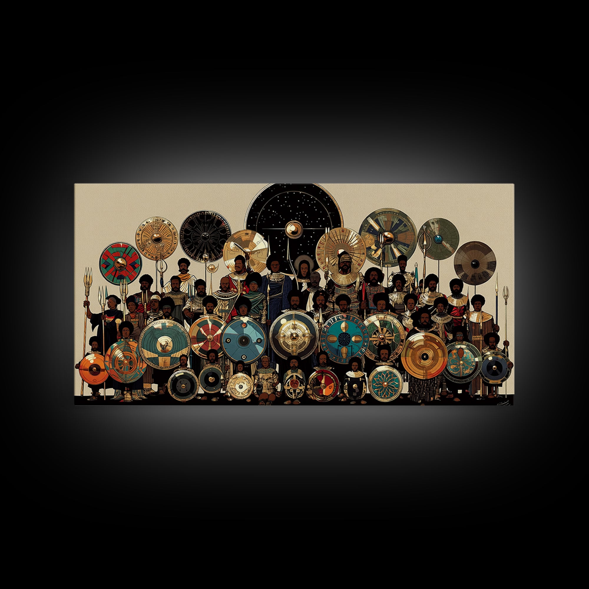 Regal African Shield Bearers With Tribal Parasols Framed Canvas Print, African Warrior Art, Black Culture Wall Decor Gift