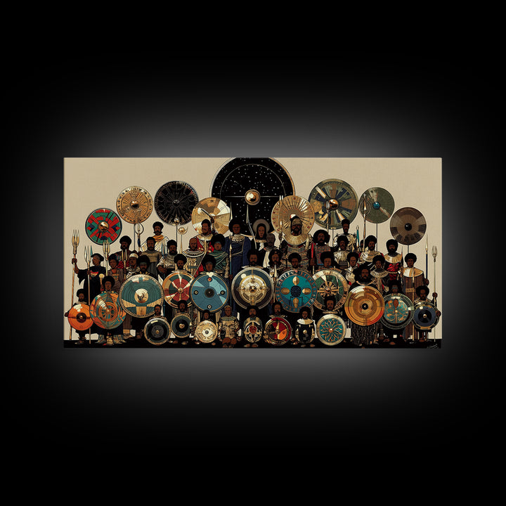 Regal African Shield Bearers With Tribal Parasols Framed Canvas Print, African Warrior Art, Black Culture Wall Decor Gift