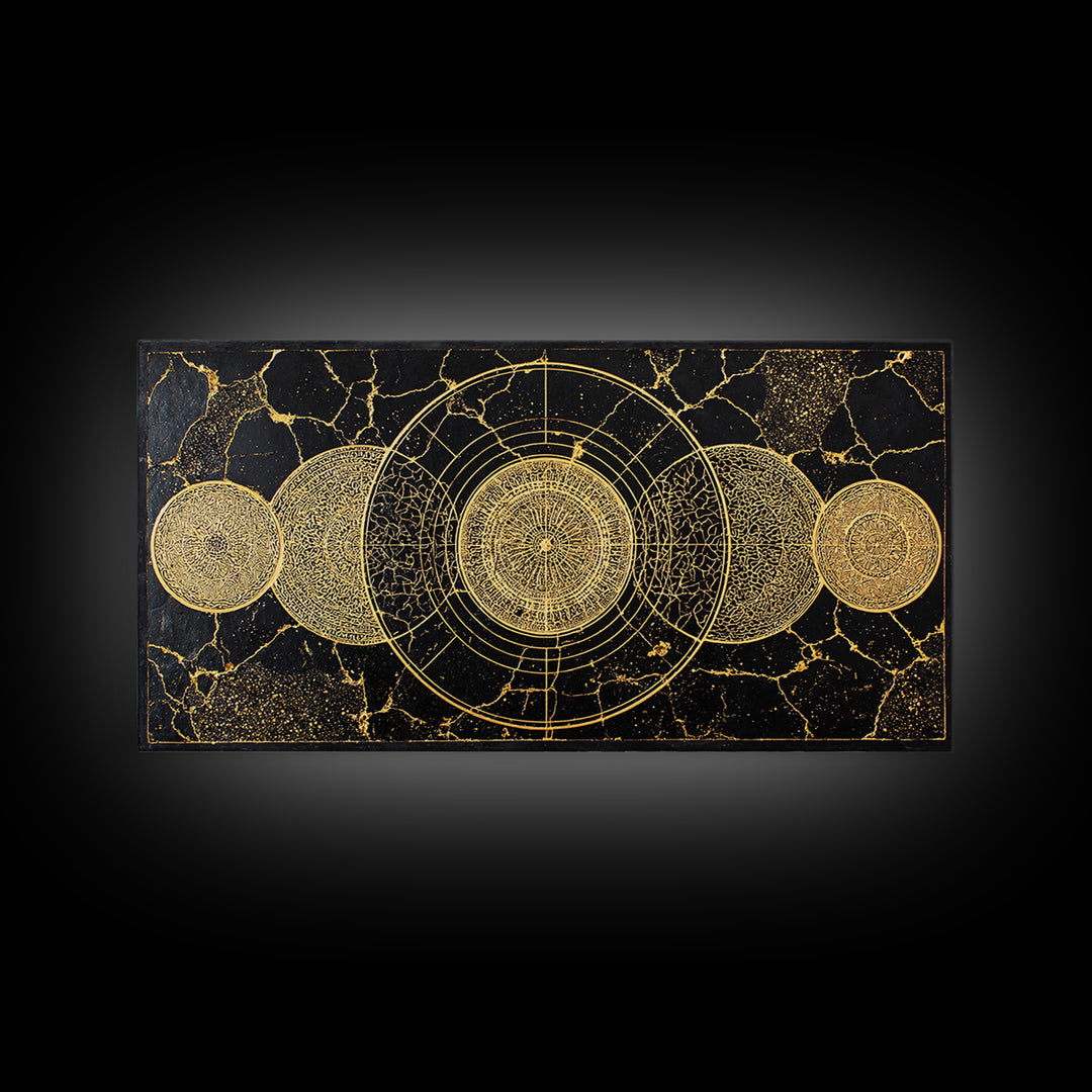 Golden Lunar Phases Celestial Geometry Wall Art, Black And Gold Abstract African Inspired Decor, Mystic Boho Canvas Print