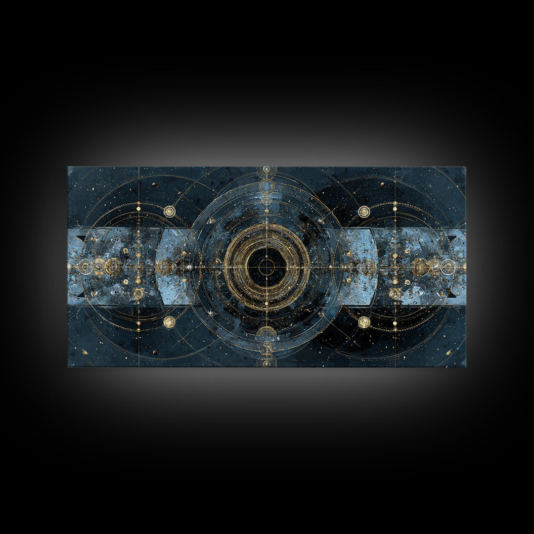 Blue Gold Cosmic Portal Canvas Print, Abstract Wall Art With Sacred Geometry, Modern Luxury Decor For Living Room And Office