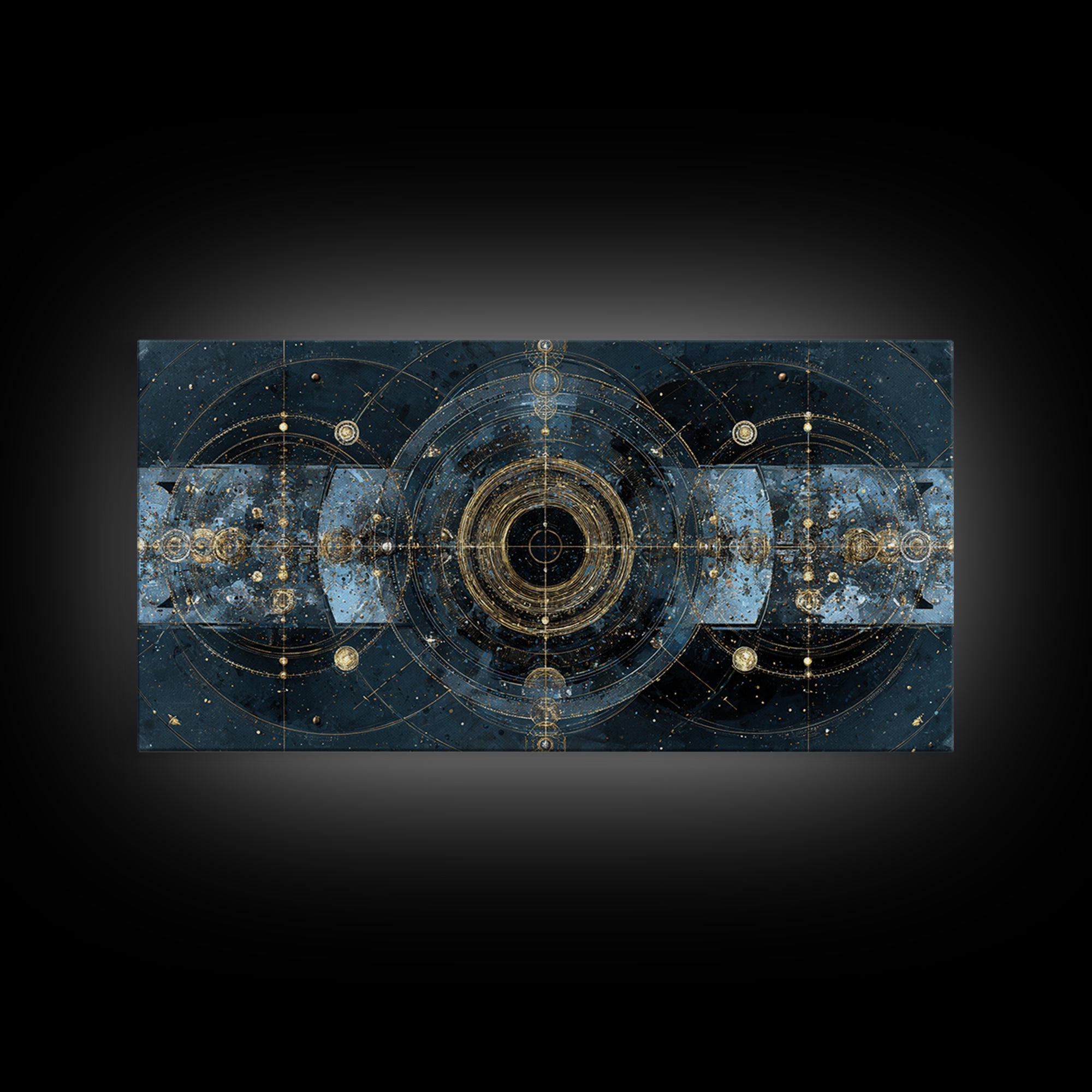Blue Gold Cosmic Portal Canvas Print, Abstract Wall Art With Sacred Geometry, Modern Luxury Decor For Living Room And Office