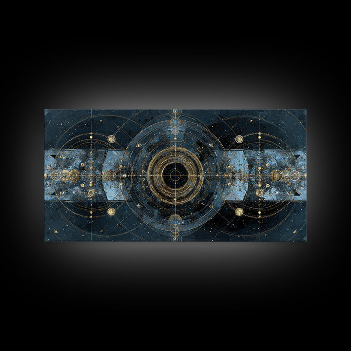 Blue Gold Cosmic Portal Canvas Print, Abstract Wall Art With Sacred Geometry, Modern Luxury Decor For Living Room And Office