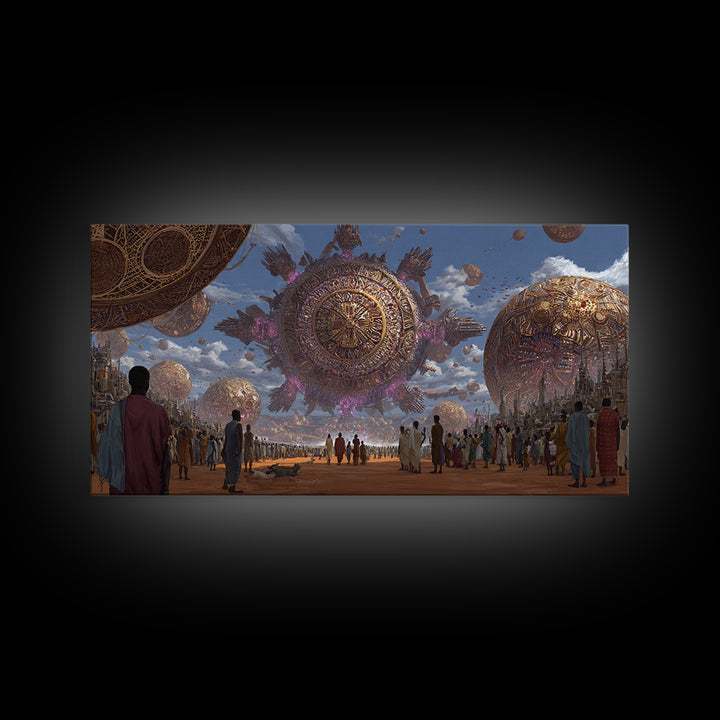 Afrofuturist Festival With Floating Golden Spheres Canvas Print, African Culture Wall Art, Futuristic City Decor Gift For Living Room