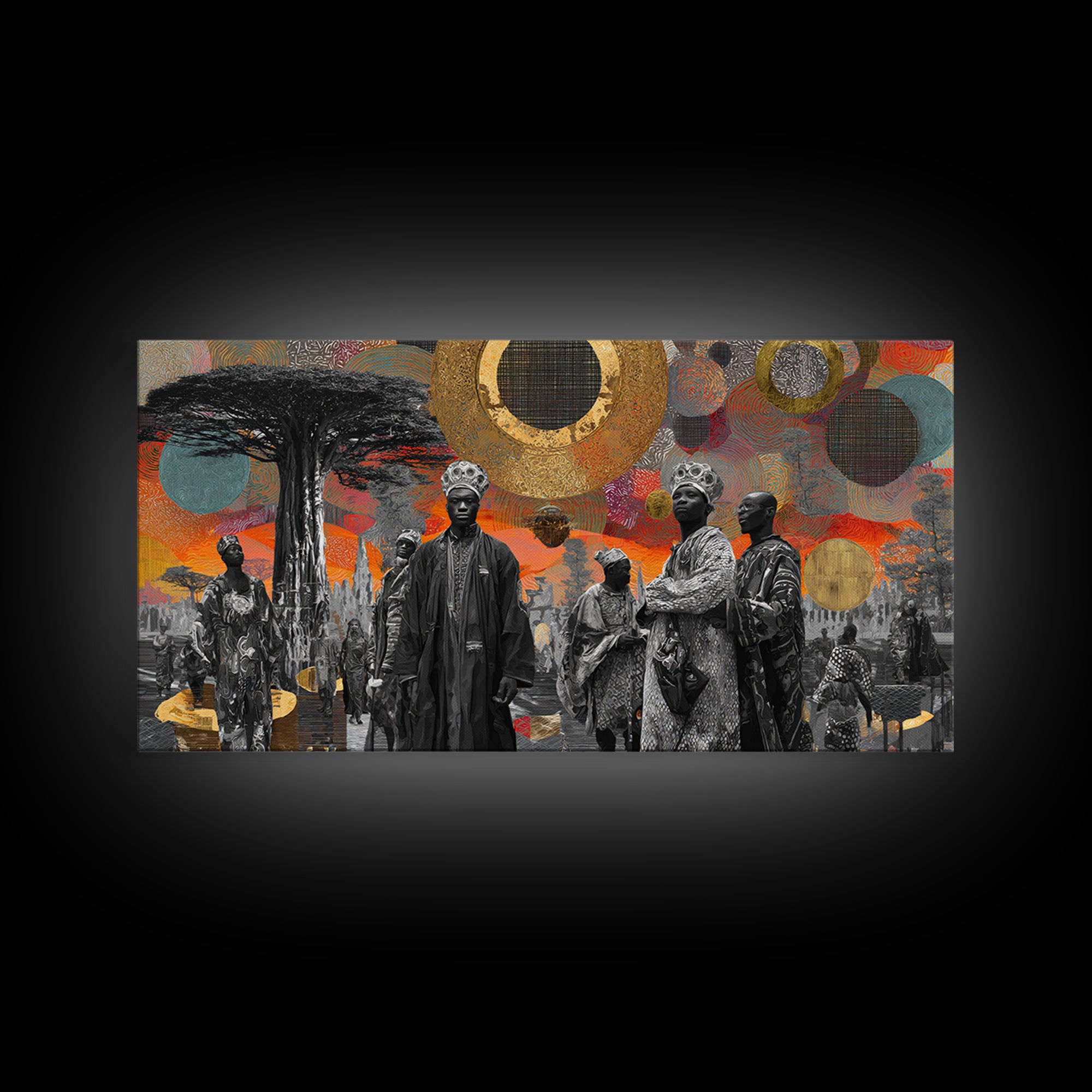 Royal African Figures Under Baobab Sun Wall Art, Afrocentric Black Culture Art, Gold Collage Canvas Print For Elegant Home Decor