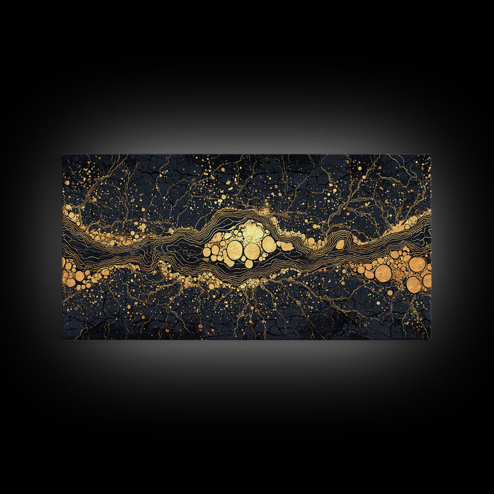 Black Gold Molten River Abstract Wall Art, Luxury Canvas Print, Earth Tone Modern Decor For Living Room And Office Decor Gift