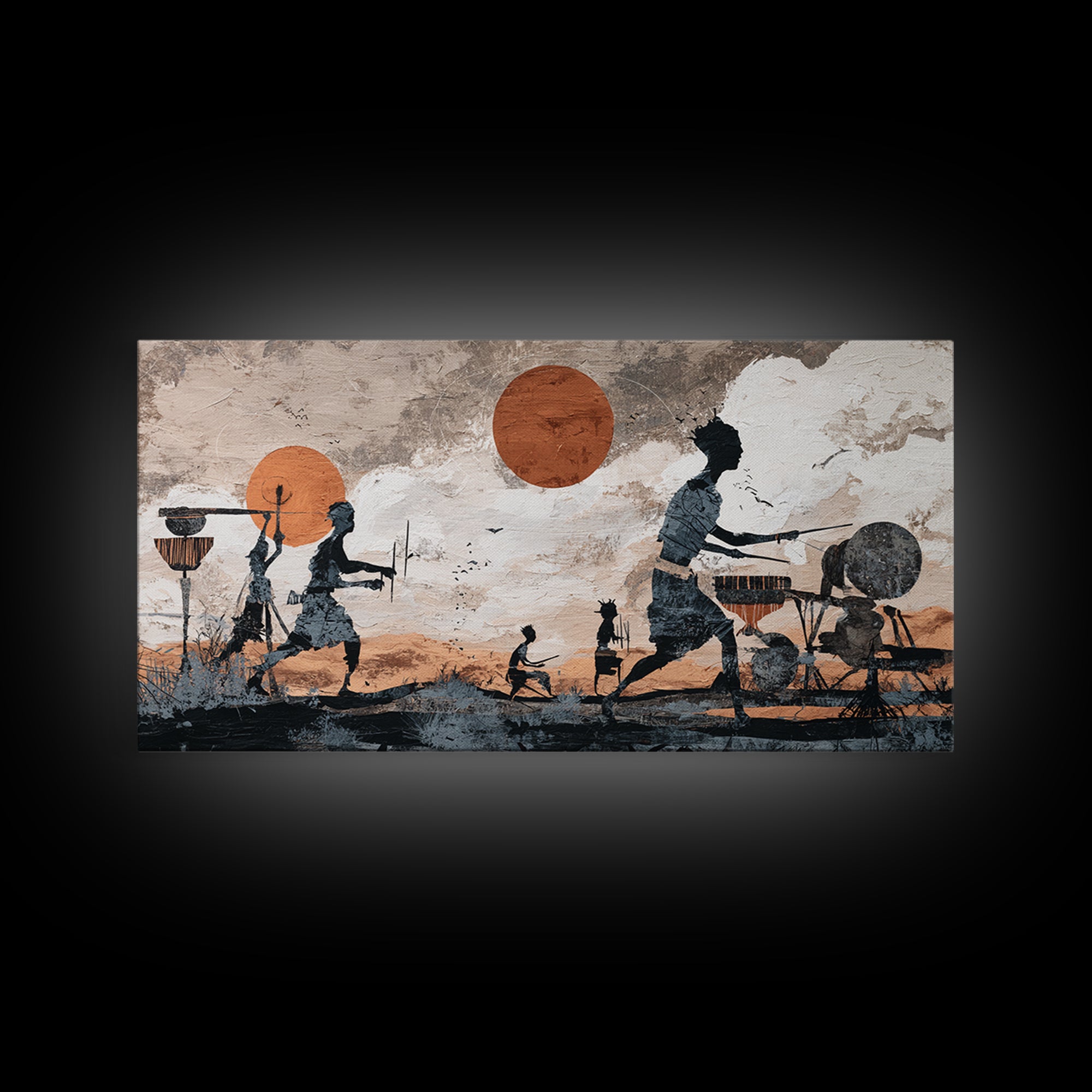 Drumming Village Family Silhouettes Canvas Print, African Wall Art, Tribal Music Decor, Afrocentric Living Room Artwork Gift