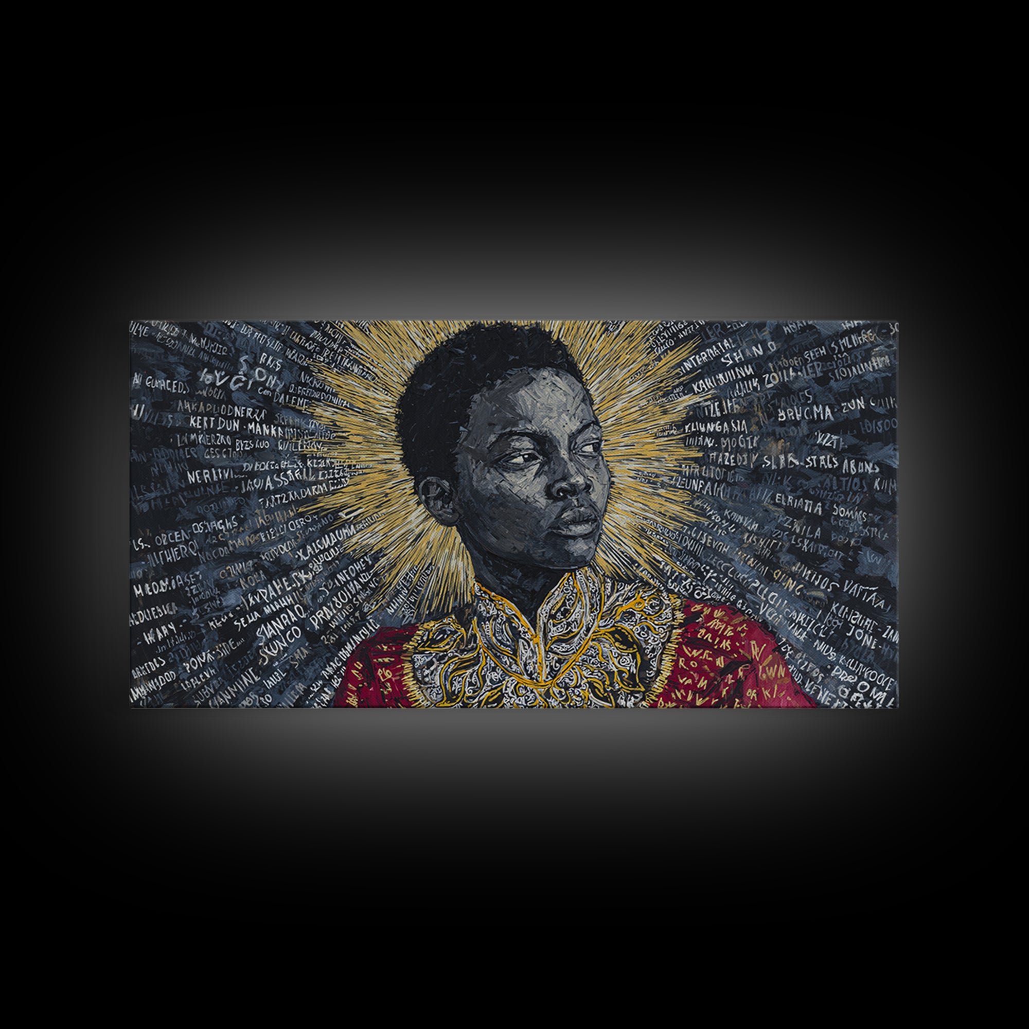 Young Black Boy Portrait With Golden Halo Framed Canvas Print, African American Art, Black History Decor, Empowerment Gift