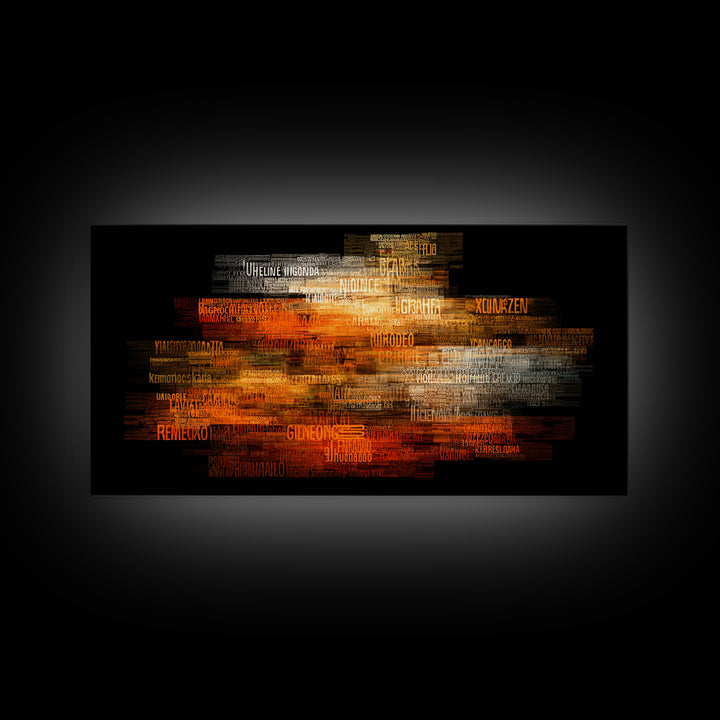 Orange Gold African Word Cloud Framed Canvas Print, Abstract African Art, Afrocentric Decor, Vibrant Statement Wall Decor
