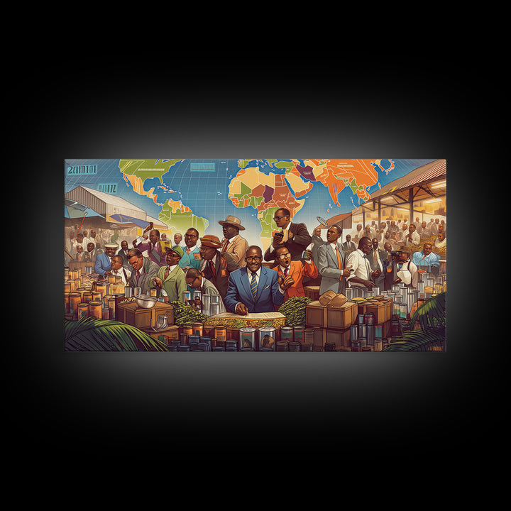 African Market Trade Scene Canvas Print, Pan African Map Wall Decor, Black History Art, Cultural Office Decor Gift For Him