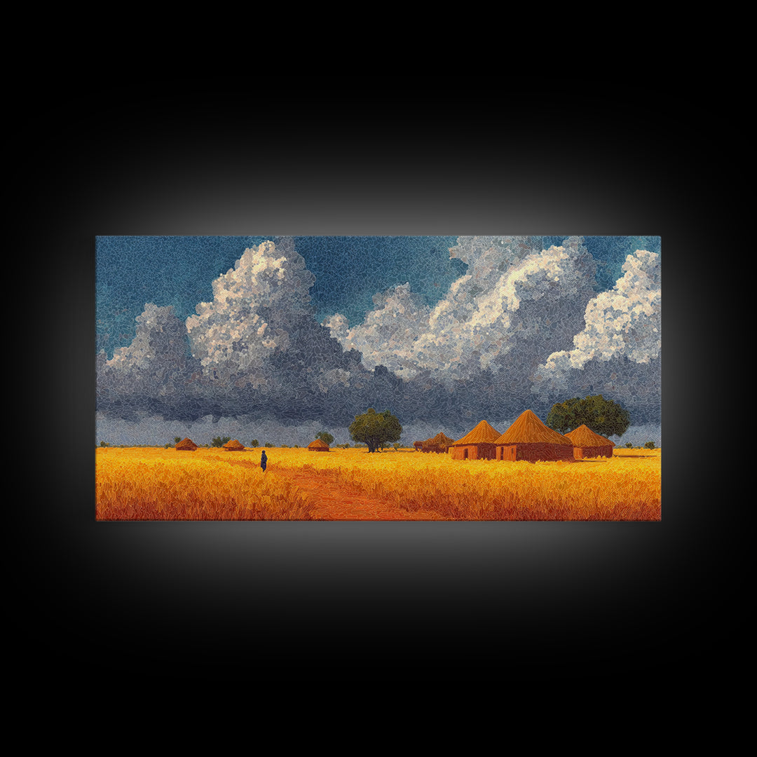 Golden Savanna Village With Storm Clouds Framed Canvas Print, African Landscape, Safari Art, Rustic Home Decor, Africa Painting