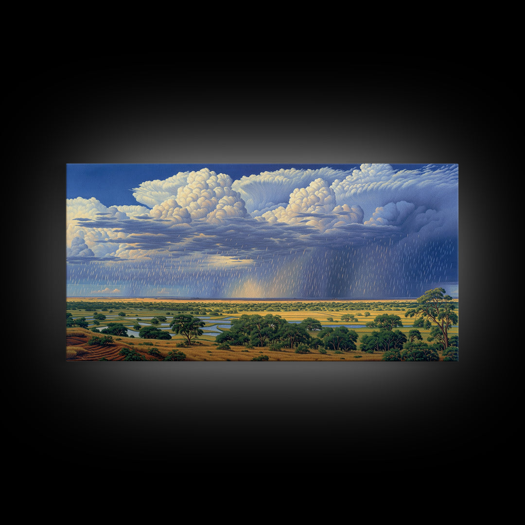 Blue Rain Clouds Over Green Savanna Wall Art, African Safari Art, Serengeti Wall Art, Nature Scene Art, Large Decor Art Gift