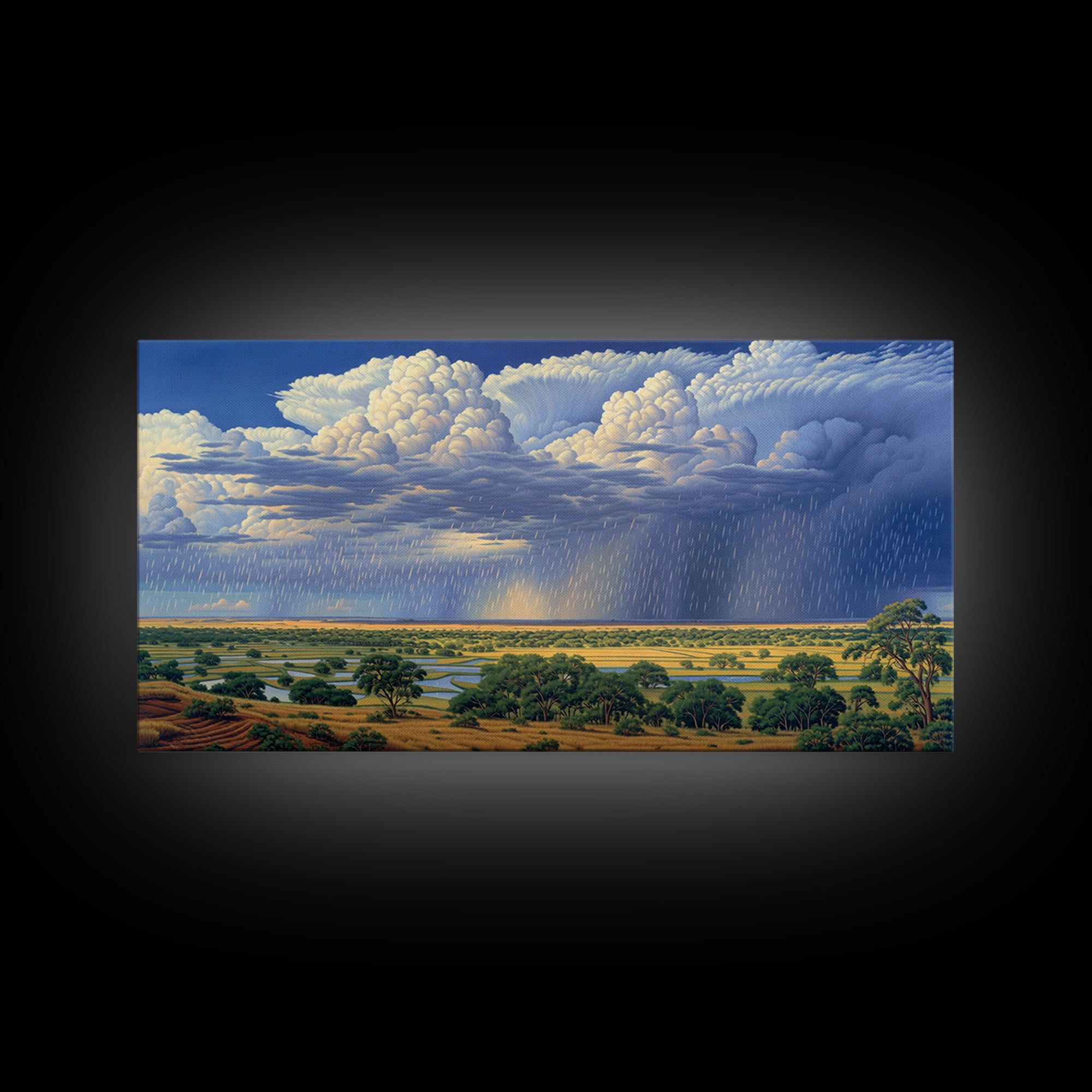 Blue Rain Clouds Over Green Savanna Wall Art, African Safari Art, Serengeti Wall Art, Nature Scene Art, Large Decor Art Gift