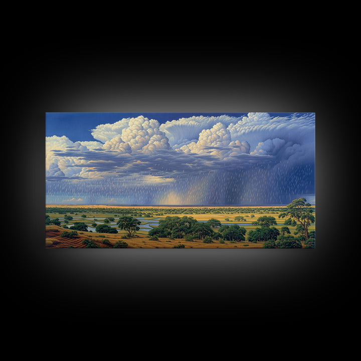 Blue Rain Clouds Over Green Savanna Wall Art, African Safari Art, Serengeti Wall Art, Nature Scene Art, Large Decor Art Gift
