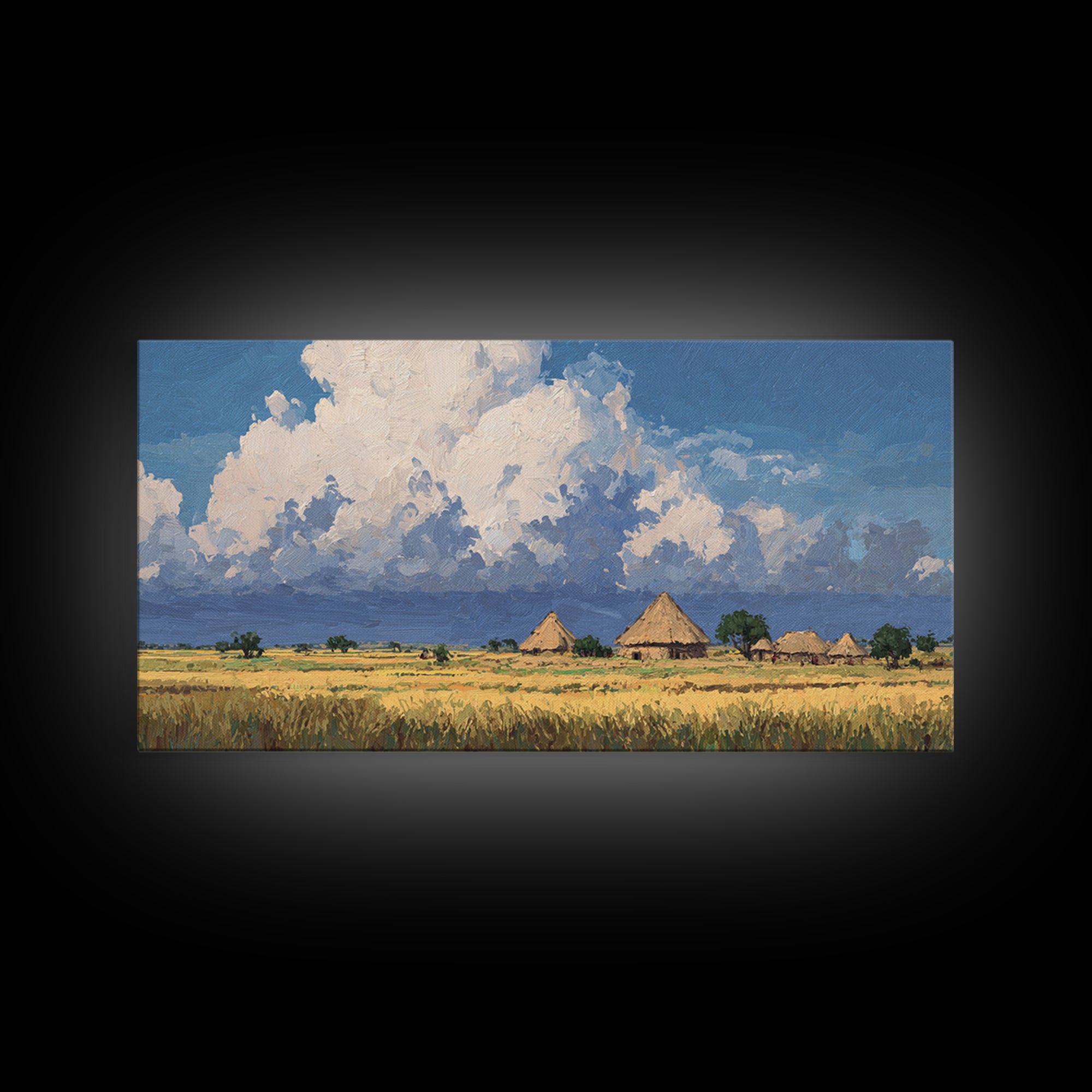 Thatched Village Under White Clouds Canvas Print, African Landscape, Rustic Decor, Cultural Wall Decor, Living Room Art Gift