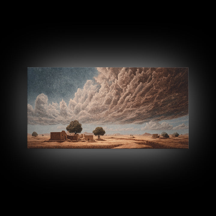 Desert Village Beneath Giant Storm Clouds Framed Canvas Print, African Landscape, Earth Tone Wall Art, Rustic Decor Gift