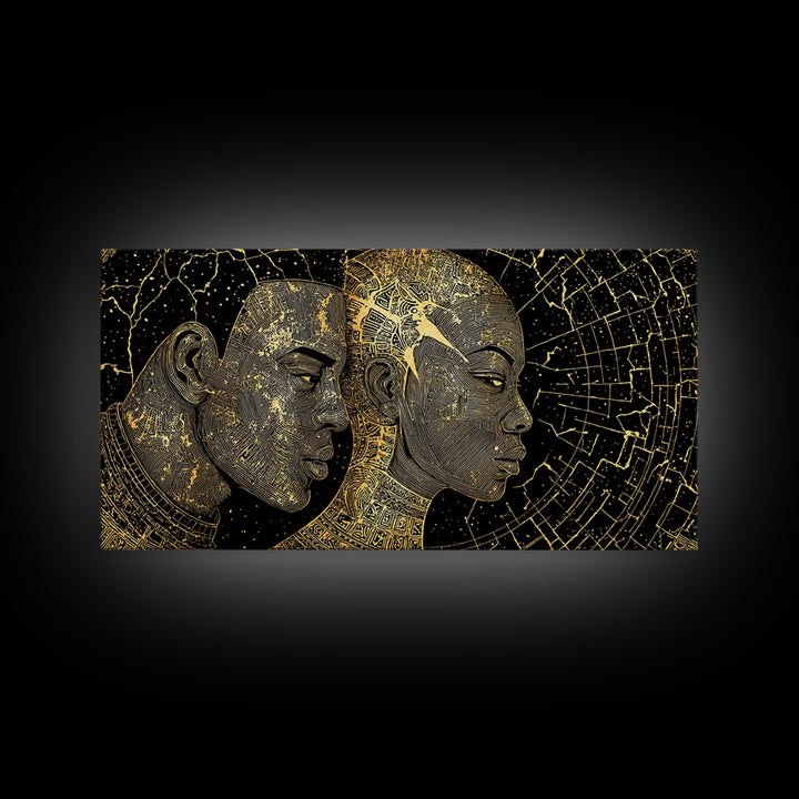 Golden African Profiles With Celestial Patterns Canvas Print, Afrocentric Portrait Wall Art, Black Culture Decor, Unique Gift