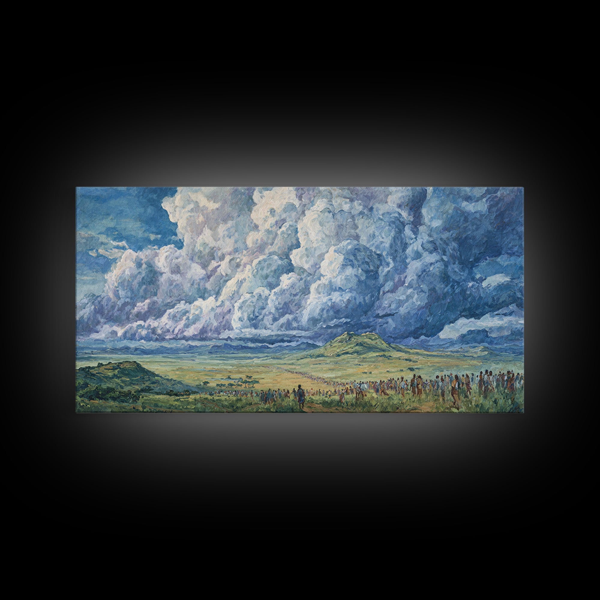 Vast African Plains Under Towering Blue Storm Clouds Canvas Print, Panoramic Wall Art, Cultural Landscape, Office Decor Art