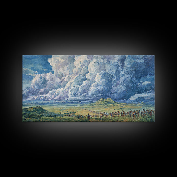 Vast African Plains Under Towering Blue Storm Clouds Canvas Print, Panoramic Wall Art, Cultural Landscape, Office Decor Art