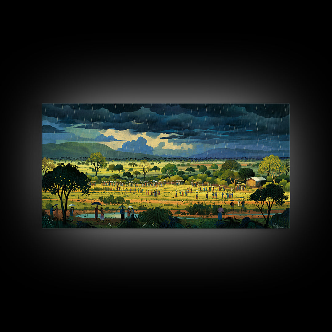 Rainy African Village Fields With Dark Monsoon Sky Wall Art, Motherland Landscape, Cultural Home Decor, Framed Canvas Print