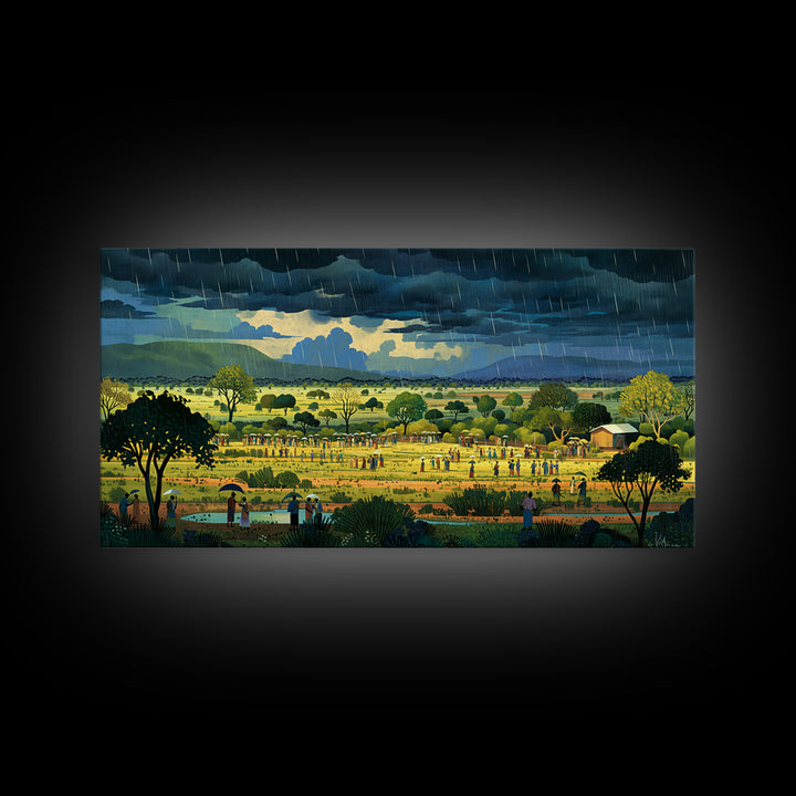 Rainy African Village Fields With Dark Monsoon Sky Wall Art, Motherland Landscape, Cultural Home Decor, Framed Canvas Print