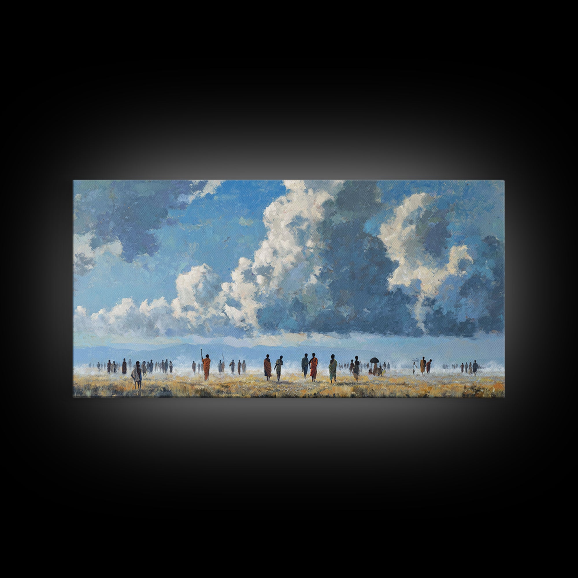 Open African Horizon With Walking Figures And Soft Clouds Wall Art, Minimalist Landscape, Blue Sky Decor, Canvas Print, Gift