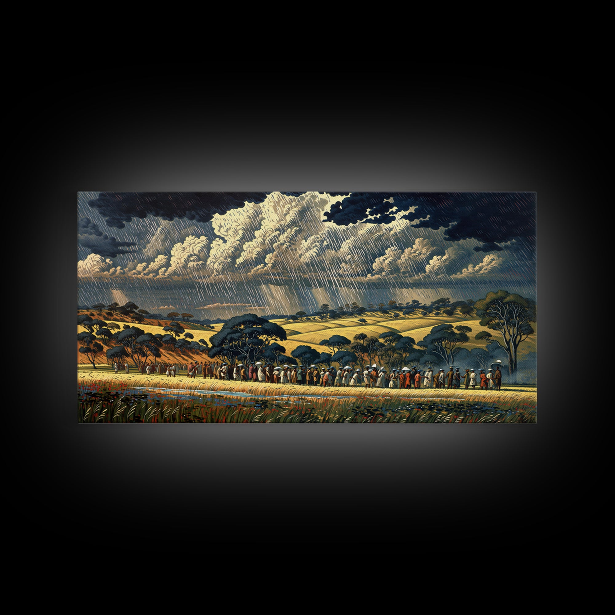 African Procession Through Sunlit Rainy Savanna Framed Canvas Print, Dramatic Storm Wall Art, Cultural Decor, Safari Gift