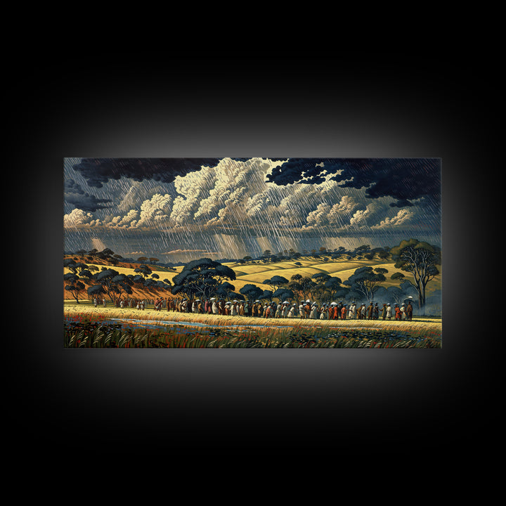 African Procession Through Sunlit Rainy Savanna Framed Canvas Print, Dramatic Storm Wall Art, Cultural Decor, Safari Gift