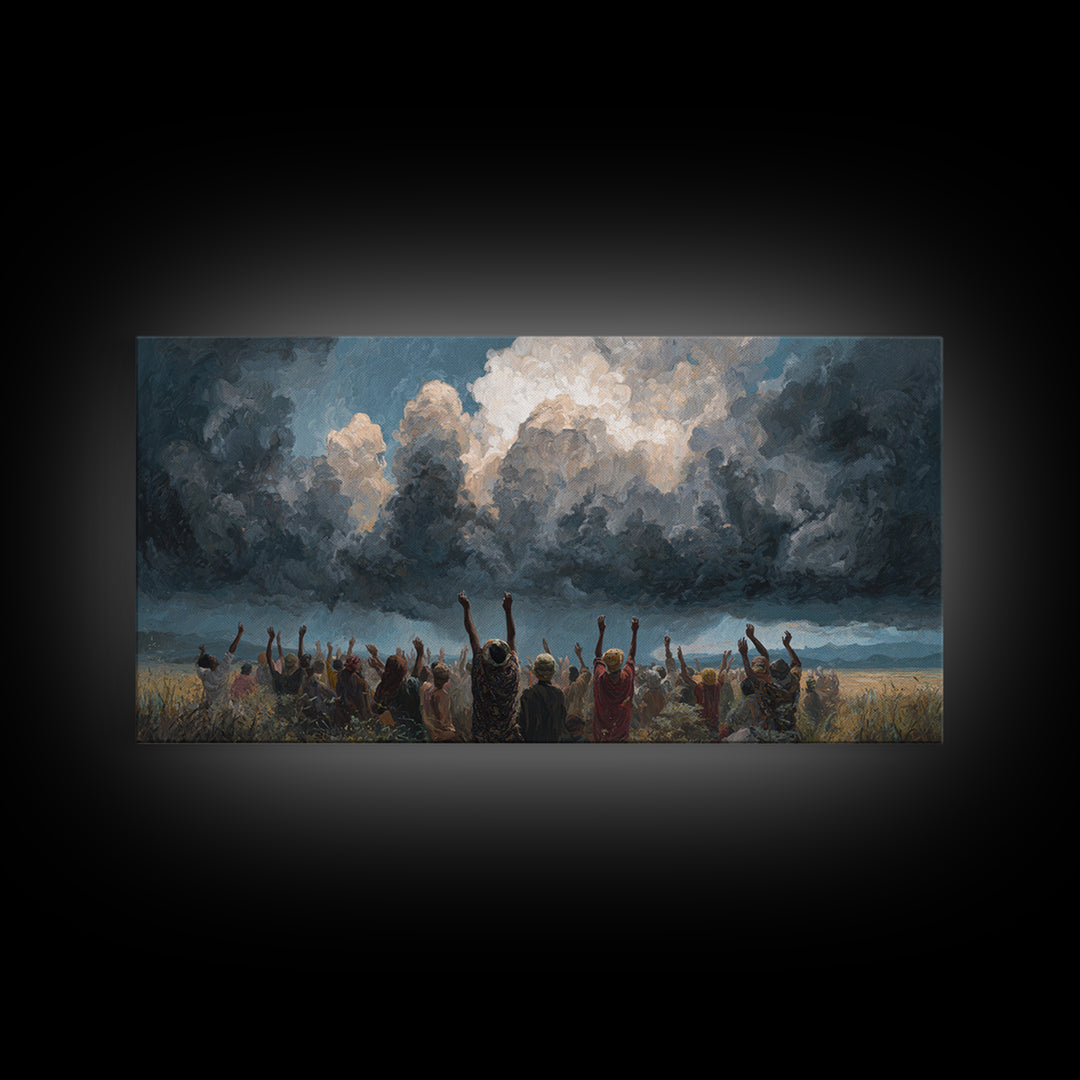 Joyful African Crowd Under Dramatic Storm Clouds Wall Art, Black Culture Celebration, Spiritual Decor, Panoramic Canvas Print