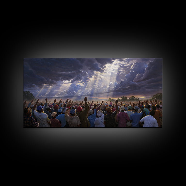 Hopeful African Gathering With Raised Hands Framed Canvas Print, Heavenly Storm Clouds Wall Art, Black Culture Decor Gift