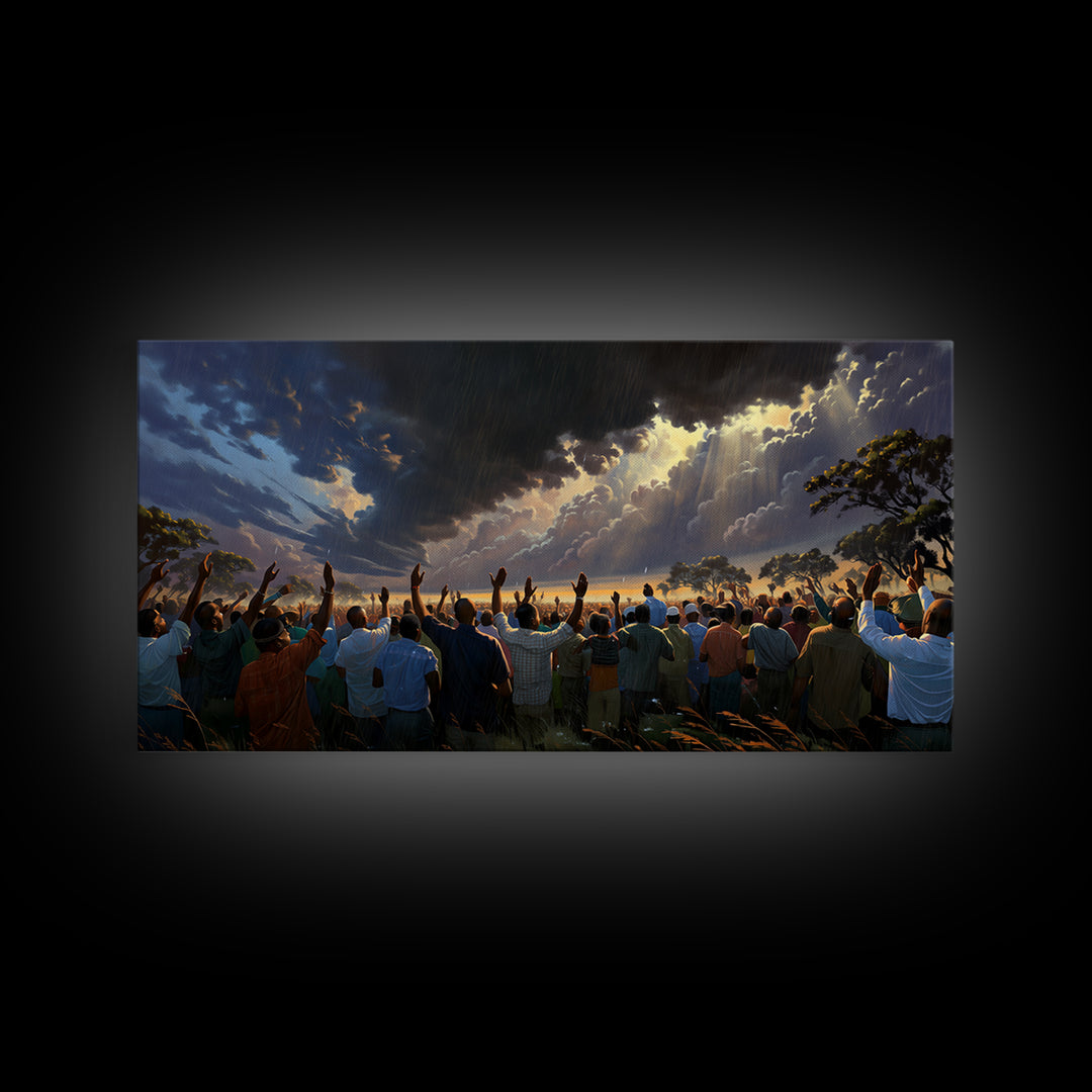 Sunlit African Gathering Beneath Storm Sky Canvas Print, Afrocentric Wall Decor, Spiritual Safari Scene, Cultural Home Art