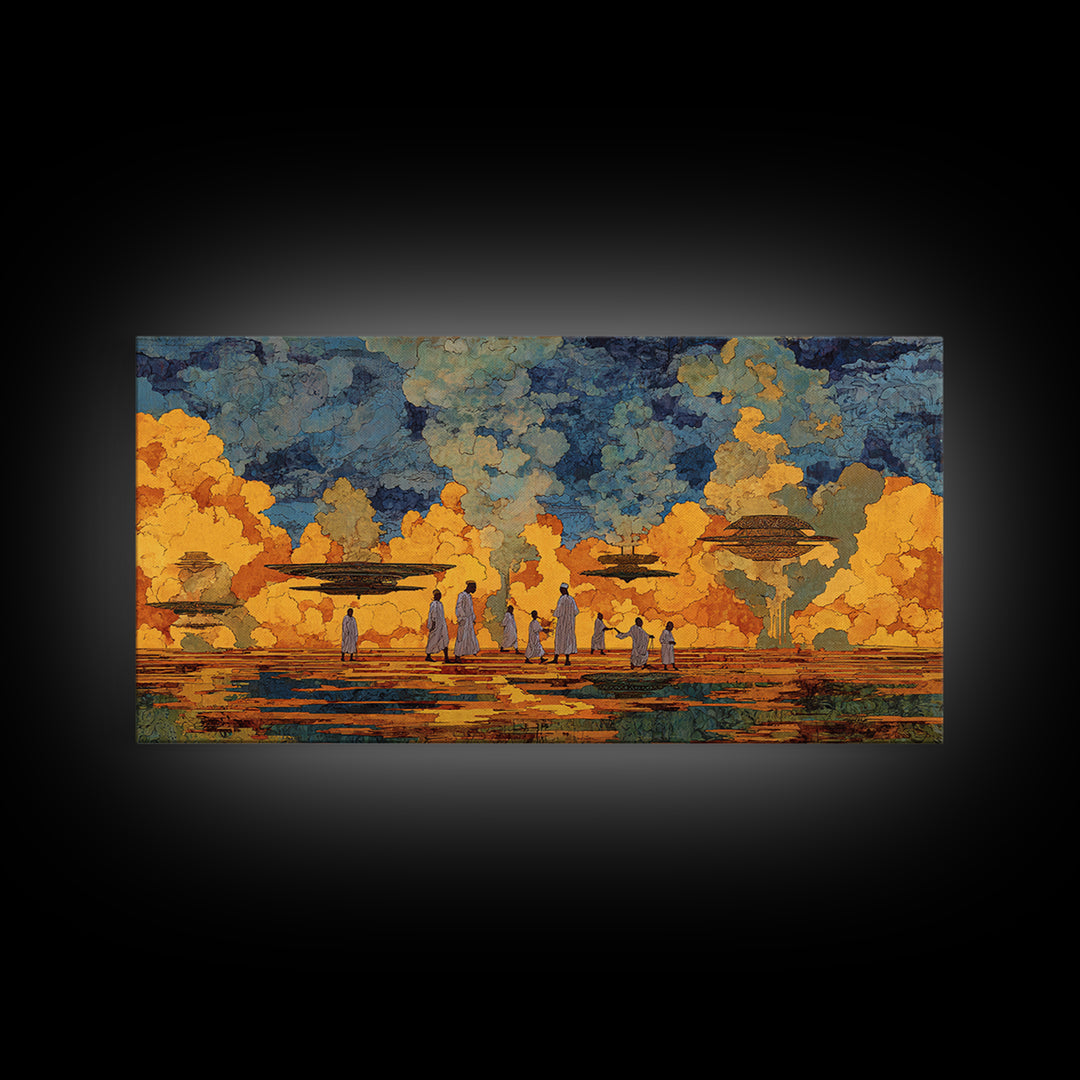 Golden African Village Scene Wall Art, Modern African Art Print, Cultural Landscape, Warm Earth Tone Living Room Decor Gift