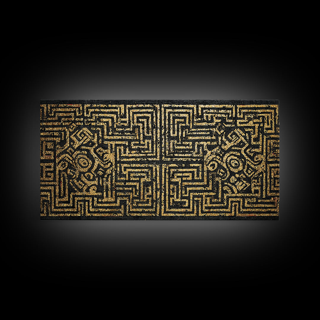 Black And Gold African Tribal Maze Canvas Print, Kuba Inspired Pattern Art, Ethnic Wall Decor, Bold Geometric Home Decor