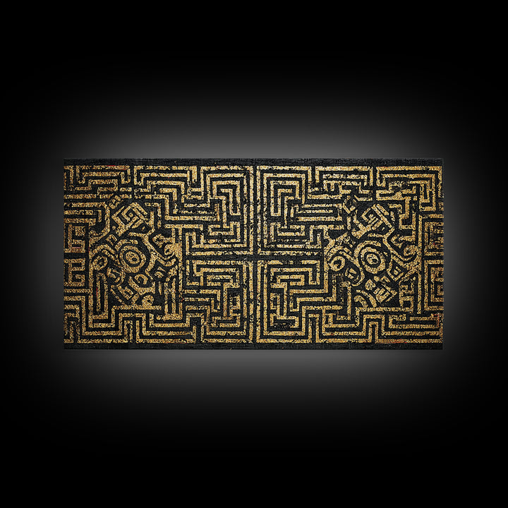 Black And Gold African Tribal Maze Canvas Print, Kuba Inspired Pattern Art, Ethnic Wall Decor, Bold Geometric Home Decor