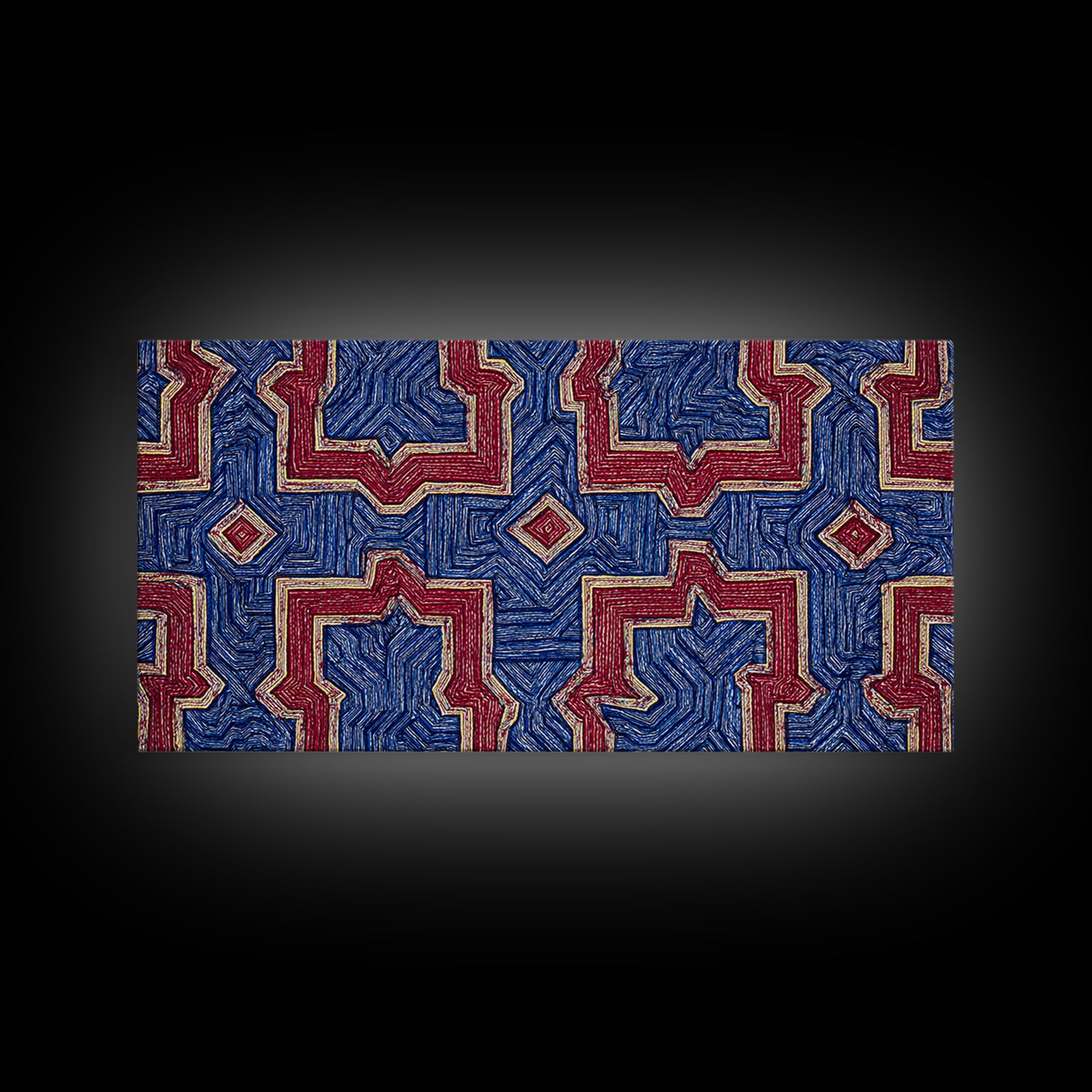 Red Blue Kuba Geometric Textile Pattern Wall Art, African Fabric Print, Tribal Decor, Modern African Art For Living Room
