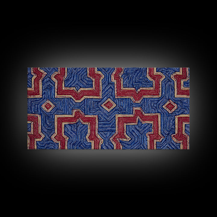 Red Blue Kuba Geometric Textile Pattern Wall Art, African Fabric Print, Tribal Decor, Modern African Art For Living Room