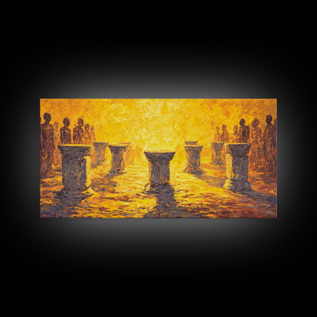 Golden Drum Ceremony Silhouette Wall Art, African Celebration Painting, Cultural Art Print, Warm Sunset Housewarming Gift