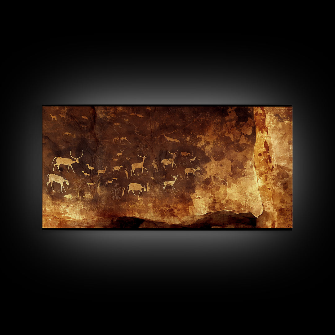 Ancient Cave Animal Herd Rock Painting Canvas Print, African Safari Art, Earth Tone Wall Decor, Tribal Culture Artwork Gift