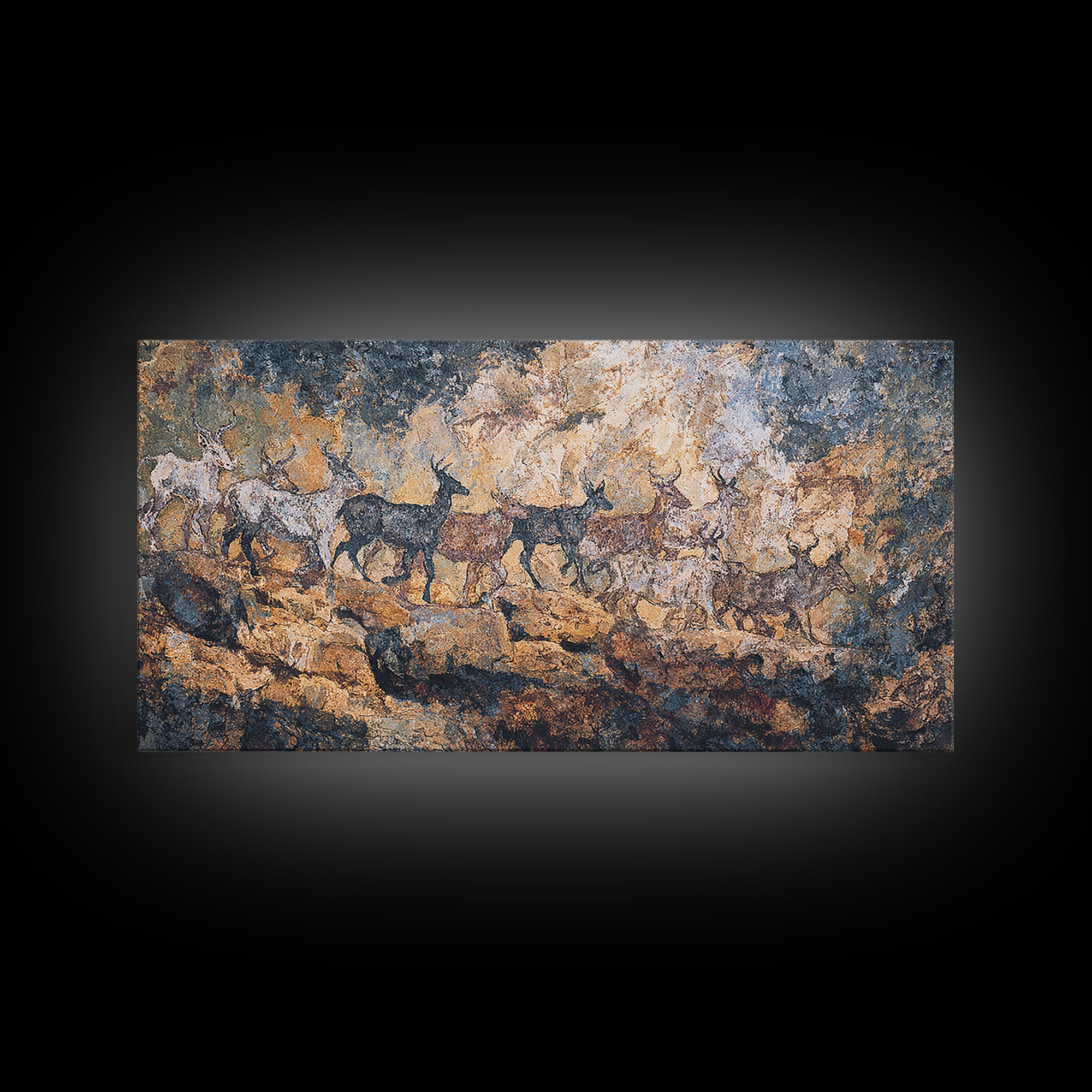 Blue Ochre Prehistoric Animal Herd Wall Art, African Rock Painting, Safari Decor, Earth Tone Tribal Art Print For Home Decor