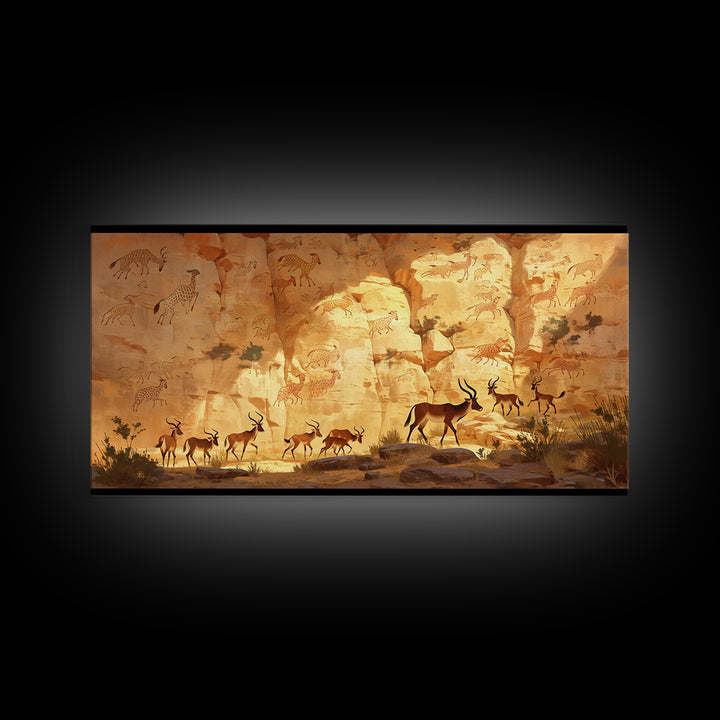Desert Antelope Rock Art Framed Canvas Print, African Landscape, Safari Wall Decor, Ancient Cave Painting For Living Room